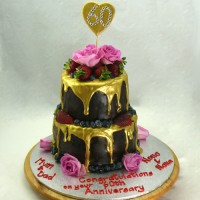 Anniversary Cake - Gold Drip with Fresh Fruit and Roses Cake